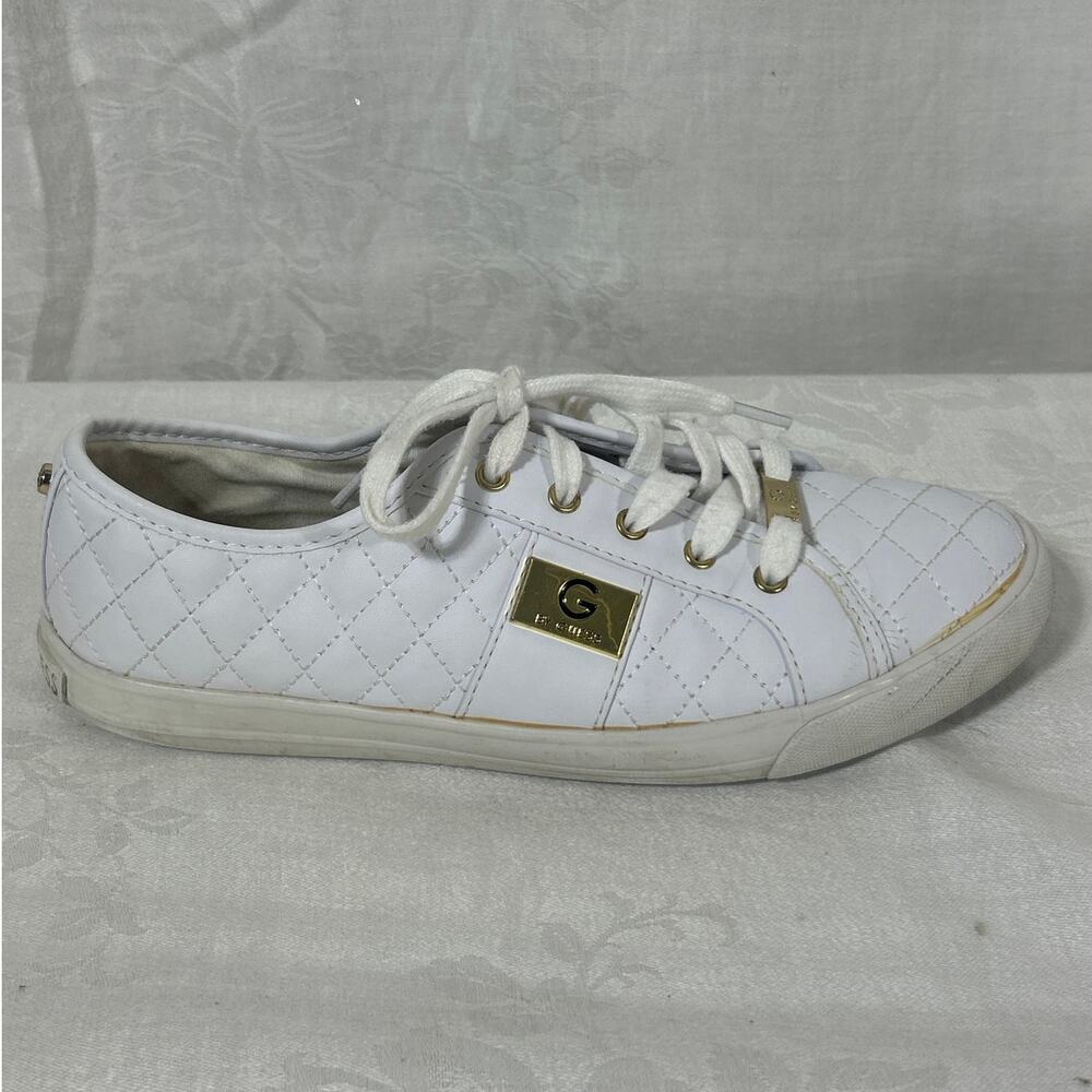 G by Guess Sneakers 9 1/2 M White Quilted Faux Leather Gold Accents GGBacker2